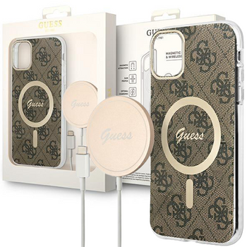 Zestaw Guess GUBPP14LH4EACSW Case+ Charger iPhone 14 Pro 6,1" brązowy/brown hard case 4G Print MagSafe