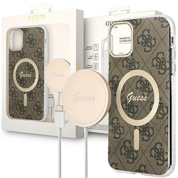 Zestaw Guess GUBPP14XH4EACSW Case+ Charger iPhone 14 Pro Max 6,7" brązowy/brown hard case 4G Print MagSafe