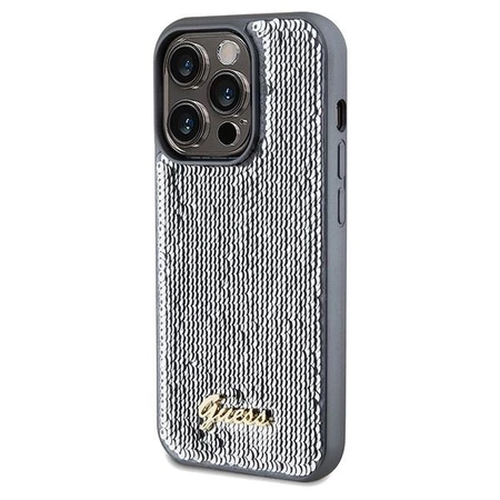 Etui Guess Sequin Script Metal na iPhone 14 Pro - srebrne