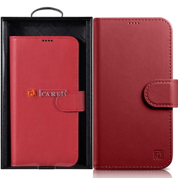 iCarer Wallet Case 2in1 etui iPhone 14 skórzany pokrowiec z klapką Anti-RFID czerwony (WMI14220725-RD)