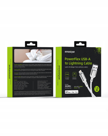 INNOSTYLE POWERFLEX KABEL USB LIGHTNING MFI SZYBKIEGO ŁADOWANIA DO IPHONE KEVLAR 2M SREBRNY