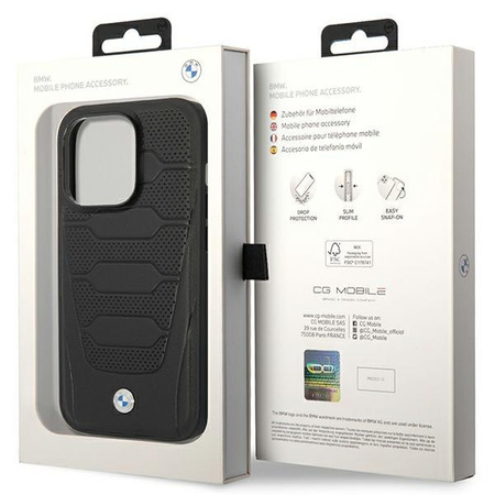 Etui BMW BMHMP14X22RPSK na iPhone 14 Pro Max - czarne Leather Seats Pattern MagSafe
