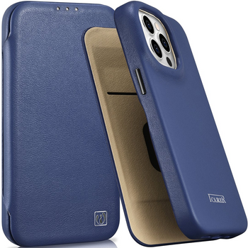 iCarer CE Premium Leather Folio Case skórzane etui iPhone 14 Pro z klapką magnetyczne MagSafe niebieski (WMI14220714-BU)
