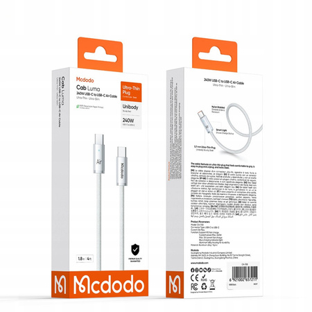 MCDODO KABEL USB-C USB-C SZYBKIE ŁADOWANIE USB TYP C 240W 2M LED BIAŁY