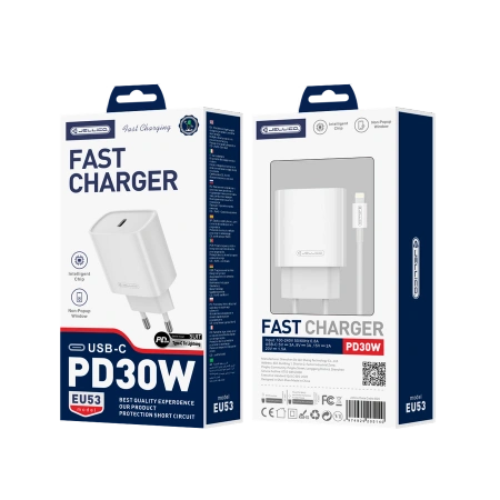 JELLICO ładowarka sieciowa EU53 PD 30W 1xUSB-C + kabel USB-C - Lightning Biały