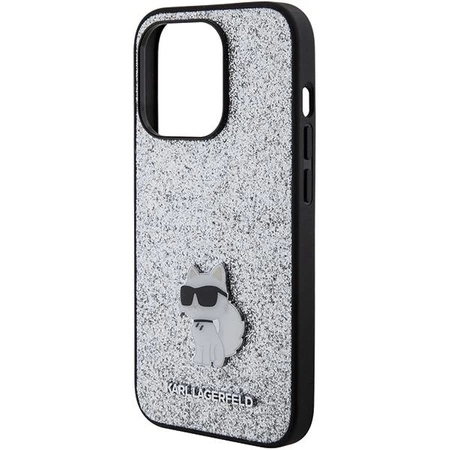 Etui Karl Lagerfeld Fixed Glitter Choupette Logo Metal Pin do iPhone 15 Pro - srebrne
