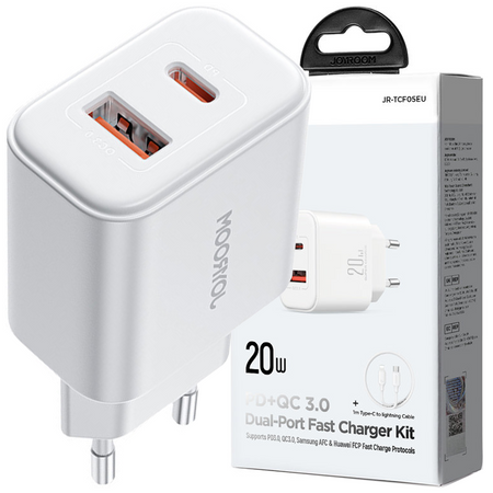 Szybka dwuportowa ładowarka sieciowa 20W USB-C / USB-A Joyroom JR-TCF05 - biała + kabel USB-C - Lightning 1m