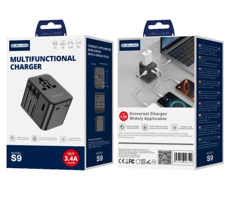 JELLICO uniwersalny adapter podróżny S9 PD 2xUSB-C + 1xUSB 3.4A Max 2500W Czarny