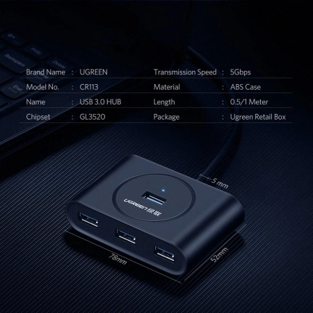 UGREEN ROZDZIELACZ HUB USB 3 2 GEN 1 4X USB DO LAPTOP PC MACBOOK CZARNY