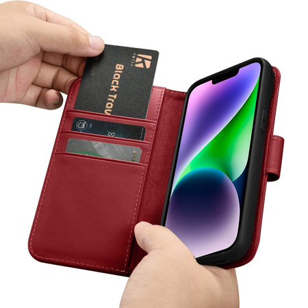 iCarer Wallet Case 2in1 etui iPhone 14 Plus skórzany pokrowiec z klapką Anti-RFID czerwony (WMI14220727-RD)