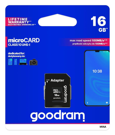 GOODRAM KARTA PAMIĘCI MICROSD 16GB DO TELEFONÓW KAMER REJESTRATORÓW WYSOKA