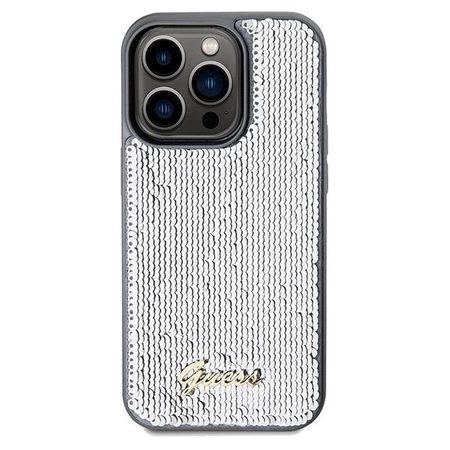 Etui Guess Sequin Script Metal na iPhone 14 Pro - srebrne