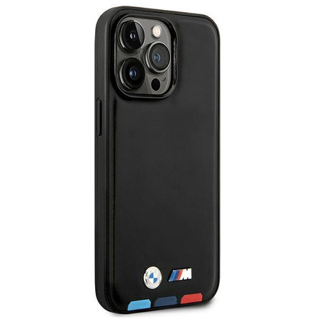 Etui BMW BMHMP14L22PTDK na iPhone 14 Pro - czarne Leather Stamp Tricolor Magsafe