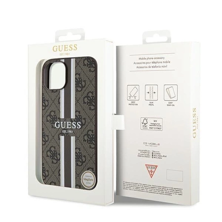 Etui Guess 4G Printed Stripes MagSafe na iPhone 15 / 14 / 13 - brązowe