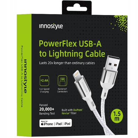 INNOSTYLE POWERFLEX KABEL USB LIGHTNING MFI SZYBKIEGO ŁADOWANIA DO IPHONE KEVLAR 2M SREBRNY