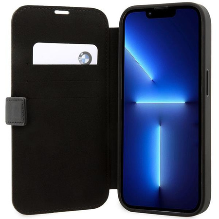 Etui BMW BMBKP14L22RVSK na iPhone 14 Pro - czarne bookcase Leather Stamp Blue Lines