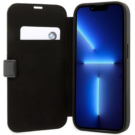 Etui BMW BMBKP14X22RVSK na iPhone 14 Pro Max - czarne bookcase Leather Stamp Blue Lines