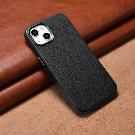 iCarer Litchi Premium Leather Case skórzane etui iPhone 14 Plus magnetyczne z MagSafe czarny (WMI14220711-BK)