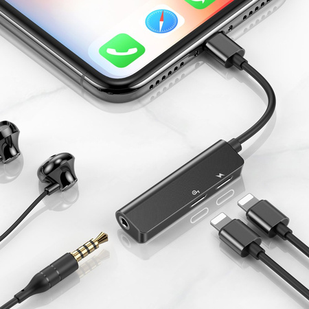Baseus Audio Converter L52 adapter przejściówka z Lightning na 2x Lightning + mini jack 3.5mm czarny (CALL52-01)