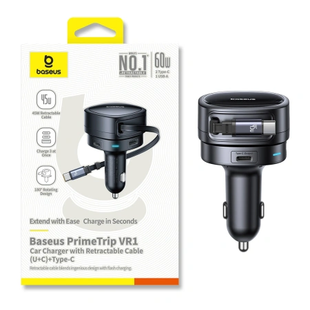 Ładowarka samochodowa Baseus PrimeTrip VR1 60W USB-A USB-C ze zwijanym kablem USB-C - czarna