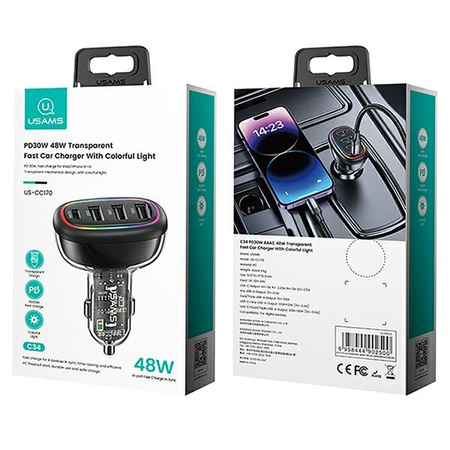 USAMS ŁADOWARKA SAMOCHODOWA 48W 1XUSB-C 3XUSB-A DO SMARTFONÓW FAST CHARGING
