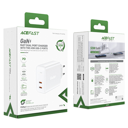 Acefast ładowarka sieciowa GaN USB Typ C 50W, PD, QC 3.0, AFC, FCP biały (A29 white)