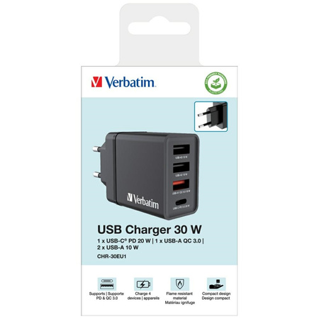 VERBATIM ŁADOWARKA 30W 3XUSB-A USB-C DO IPHONE ANDROID SZYBKI CHARGE PD 3.0