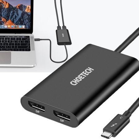 Choetech adapter przejściówka rozdzielacz USB Typ C Thunderbolt 3 (40Gbps) - 2x DisplayPort 4K 60Hz czarny (HUB-D03)