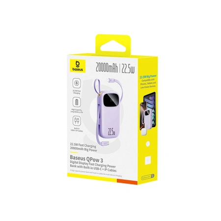 Powerbank Baseus EnerFill FC21 Qpow 3 Ultra 20000mAh 22.5W z wyświetlaczem cyfrowym z dołączonym kablem - fioletowy