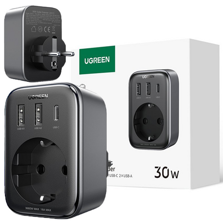 Ładowarka sieciowa 30W (2xUSB/USB C/AC) / adapter EU - EU 13A Ugreen CD314 - czarna