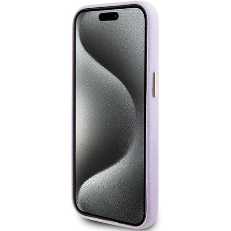 Etui Guess Glitter Glossy Script do iPhone 15 - liliowe