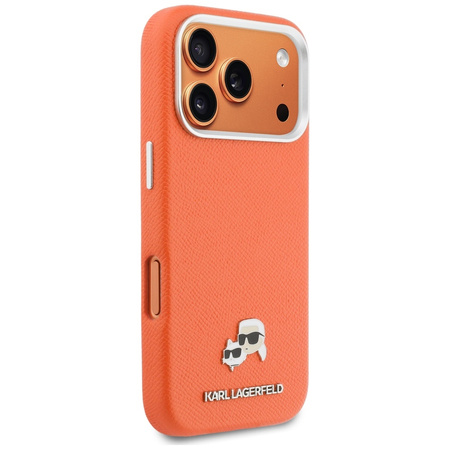 Etui Karl Lagerfeld Karl & Choupette Head Pins Saffiano MagSafe do iPhone 17 Pro Max pomarańczowy