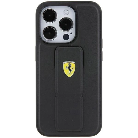 Etui Ferrari Grip Stand Metal Logo na iPhone 15 - czarne