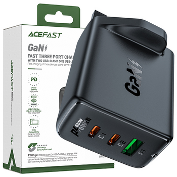 Acefast ładowarka GaN 65W 3 porty (1xUSB, 2xUSB C PD) wtyczka UK czarna (A44)