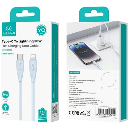 USAMS KABEL USB-C DO LIGHTNING 30W DO IPHONE 12 13 14 1M ZIELONA