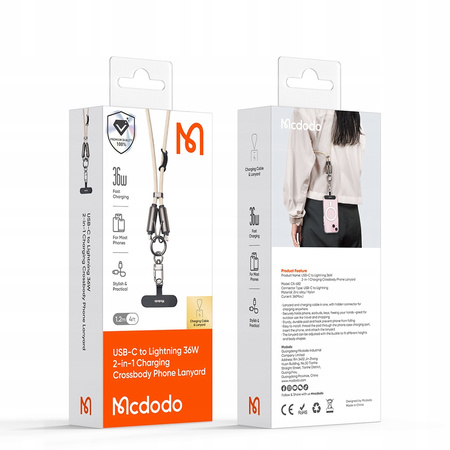 MCDODO SMYCZ DO TELEFONU NA SZYJE WKŁADKA CROSSBODY BEŻOWA KABEL DO IPHONE