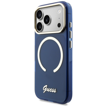 Etui Guess IML Script Metal MagSafe do iPhone 17 Pro Max niebieski