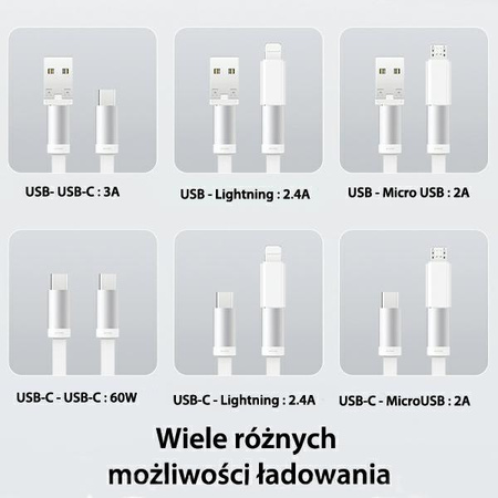 USAMS KABEL 3W1 DO MICROUSB USB-C DO LIGHTNING 60W ROZWIJANY SREBRNY Z