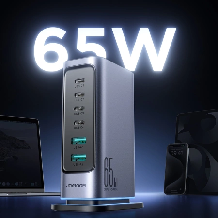Ładowarka Joyroom JR-TCM02 wieloportowa GaN 65W EU 4x USB-C 2x USB-A - ciemnoszara