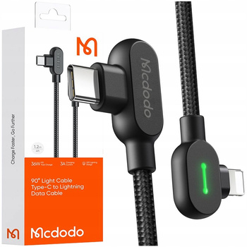 MCDODO KABEL KĄTOWY 90° USB-C LIGHTNING DWUSTRONNY DO IPHONE 13 14 LED 2M