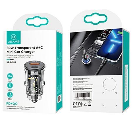 USAMS ŁADOWARKA SAMOCHODOWA 30W DO TELEFONÓW 1xUSB 1xUSB-C SZYBKI CHARGER