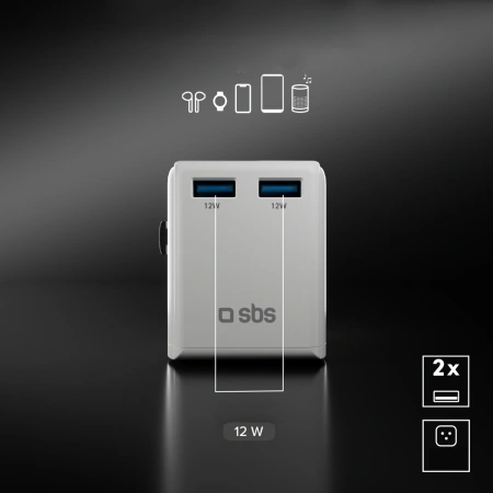Adapter podróżny SBS uniwersalny - EU 2xUSB-A - biały
