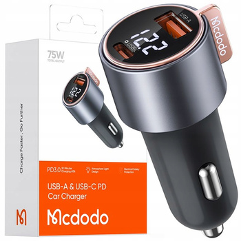 MCDODO MOCNA SZYBKA £ADOWARKA SAMOCHODOWA Z MIERNIKIEM 2X USB USB-C 75W LED
