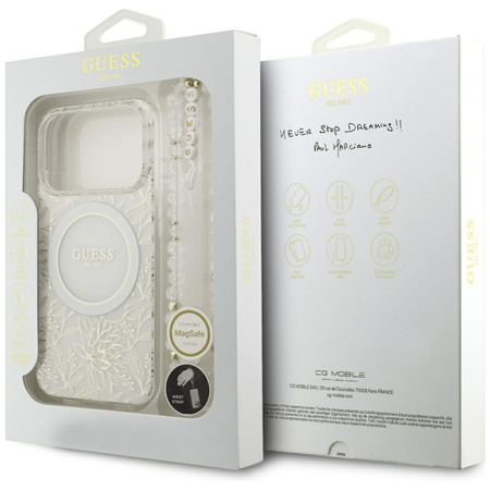 Etui Guess IML Flowers Electro Pearl Strap MagSafe do iPhone 17 Pro biały
