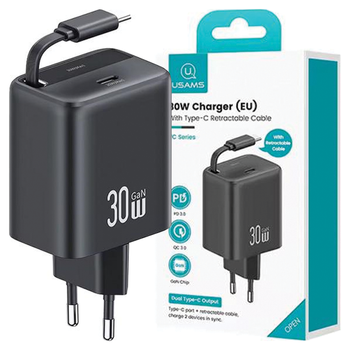 USAMS ŁADOWARKA 1xUSB-C ZE ZWIJANYM KABLEM DO TELEFONÓW APPLE 30W PD QC3.0
