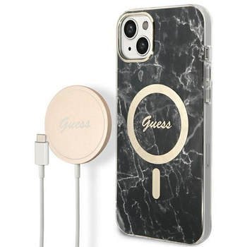 Guess zestaw ładowarka MagSafe + etui do iPhone 14 6,1" czarne Marble (GUBPP14SHMEACSK)