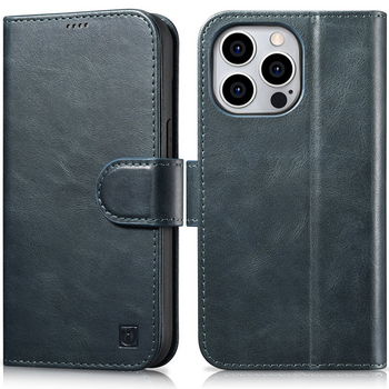 iCarer Oil Wax Wallet Case 2in1 etui iPhone 14 Pro skórzany pokrowiec z klapką Anti-RFID niebieski (WMI14220722-BU)