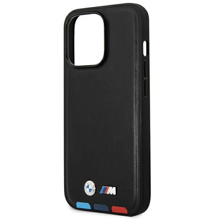 Etui BMW BMHMP14L22PTDK na iPhone 14 Pro - czarne Leather Stamp Tricolor Magsafe