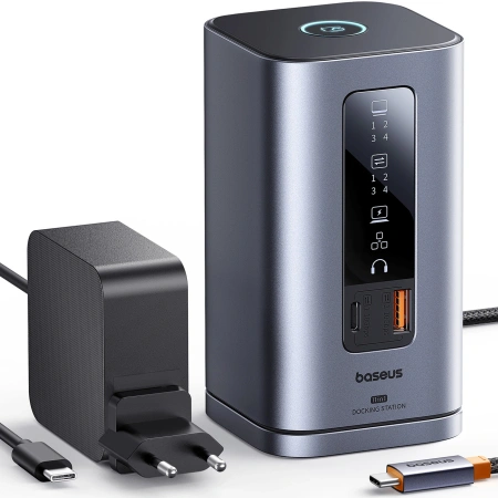 Stacja dokująca Baseus Spacemate RD1 hub 11w1 USB-C - 2xHDMI 4K@60Hz 2xDP 4K@60Hz 2xUSB-A 10Gb/s USB-C 10Gb/s RJ45 USB-A 480Mb/s USB-C PD mini jack 3.5mm ładowarka EU - szara