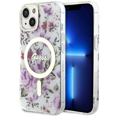 Etui Guess GUHMP14SHCFWST na iPhone 14 - przezroczyste hardcase Flower MagSafe